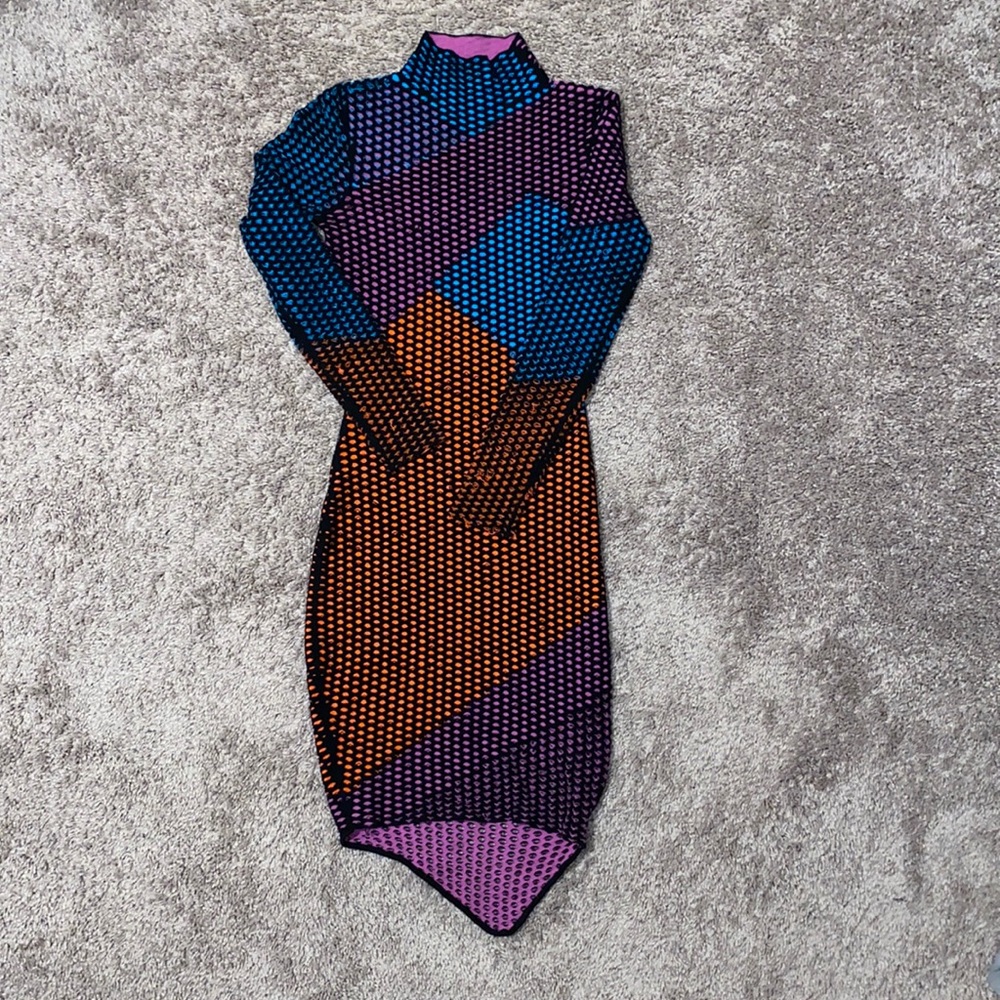 Long-Sleeve Netted Mesh Colorblock Dress, Black/Multicolor